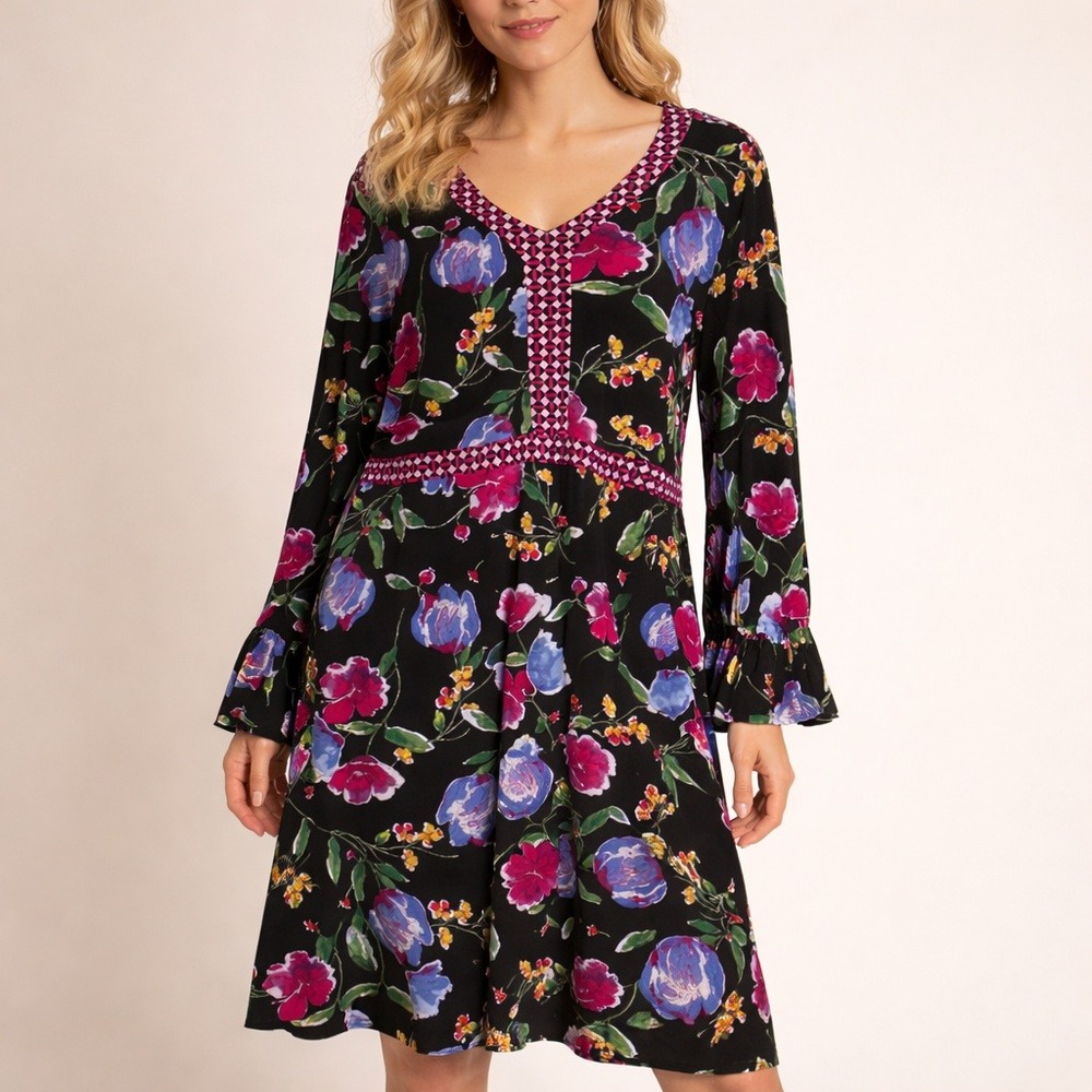 Susan Graver Liquid Knit Floral Midi‎ Dress Romantic SZ Large Chic Travel Ready